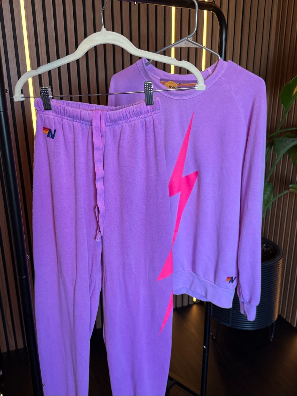 Aviator Nation Lavender Crewneck with Hot Pink Lightning Bolt - Picture 2 of 6